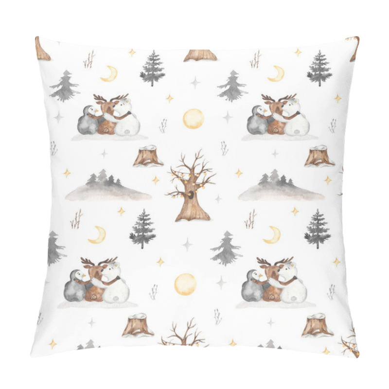 Personality  Arctic Animals Deer, Bear, Penguin, Winter Forest, Fir Trees, Tree On White Background Watercolor Seamless Christmas Pattern Pillow Covers