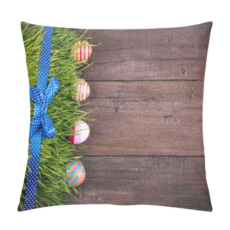 Personality  Easter Eggs In Nest On Rustic Wooden Planks. Easter Concept. Flat Lay. Pillow Covers