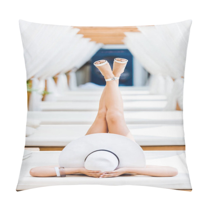 Personality  Girl Lying On Sun Lounger In White Shoes And Hat Pillow Covers