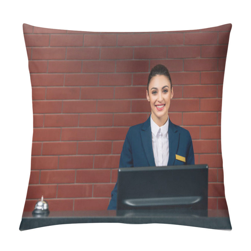 Personality  Young Beautiful Hotel Receptionist At Workplace Looking At Camera Pillow Covers