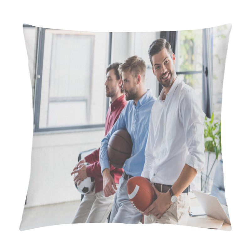 Personality  Happy Young Businessmen Holding Balls And Looking Away In Office Pillow Covers