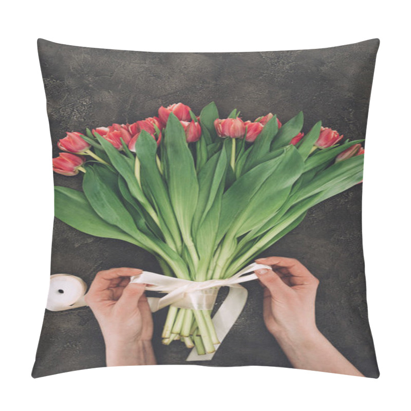 Personality  Partial View Of Person Decorating Bouquet Of Beautiful Tulips With Ribbon Pillow Covers