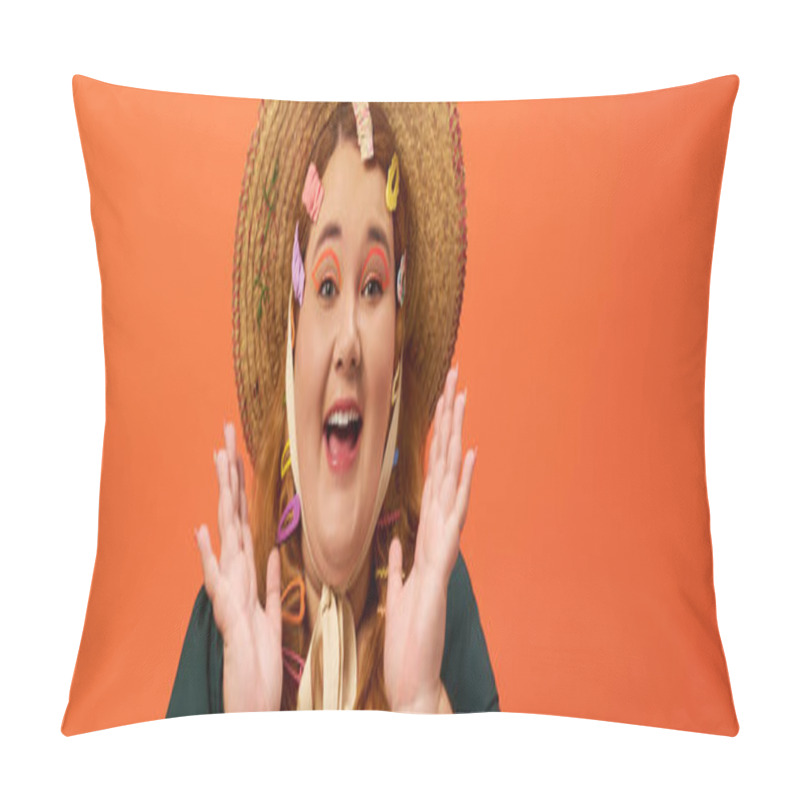 Personality  A Joyful Plus Size Woman With Vibrant Hair Accessories Embraces Summer Spirit With Excitement. Pillow Covers