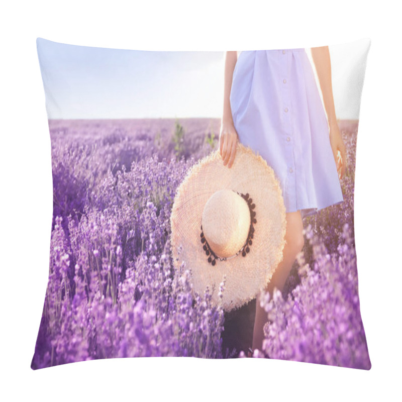 Personality  Young Woman With Hat In Lavender Field On Summer Day, Closeup Pillow Covers