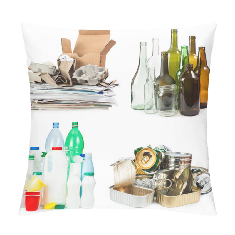 Personality  A Selection Of Garbage For Recycling. Segregated Metal, Plastic, Paper And Glass On White Background  Pillow Covers