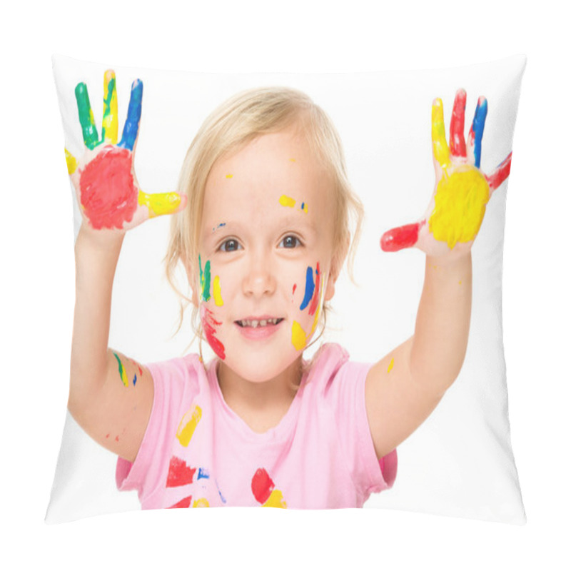 Personality  Portrait Of A Cute Little Girl Playing With Paints Pillow Covers