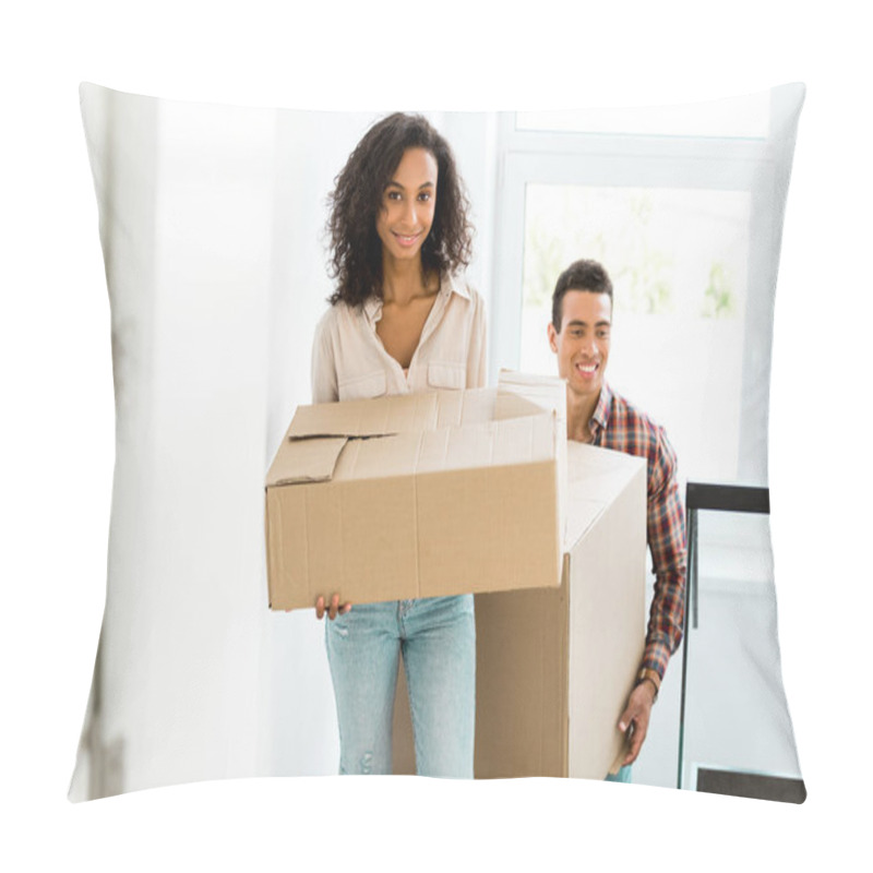 Personality  Selective Focus Of African American Woman And Man Going Upstairs With Boxes Pillow Covers