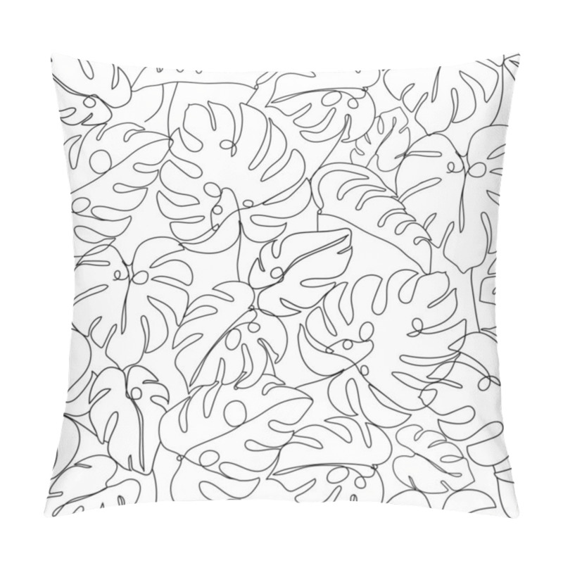 Personality  Contemporary Floral Seamless Pattern. One Line Continuous Monstera Leaves. Black And White Composition. Texture For Textile, Packaging, Wrapping Paper, Social Media Post Etc. Vector Illustration. Pillow Covers