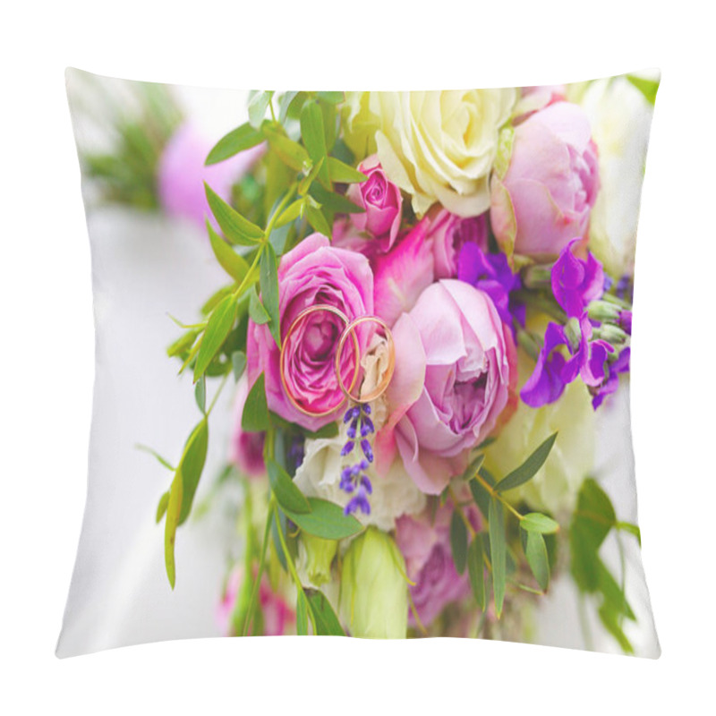 Personality  Close Up Of Golden Wedding Rings Of Young And Fresh Flower Bouquet Of Roses And Other Blooming Beautiful Flowers Pillow Covers