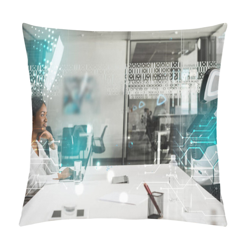 Personality  Smiling African American Businesswoman And Robot Sitting At Desk In Conference Hall, Cyber Illustration Pillow Covers