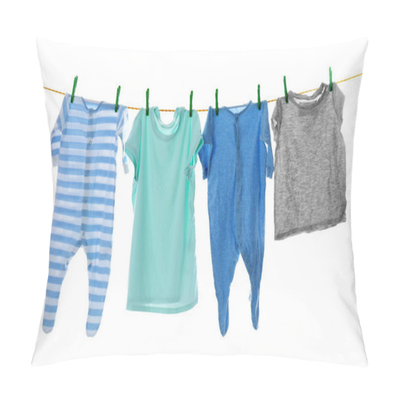 Personality  Children's Clothes On Laundry Line Against White Background Pillow Covers