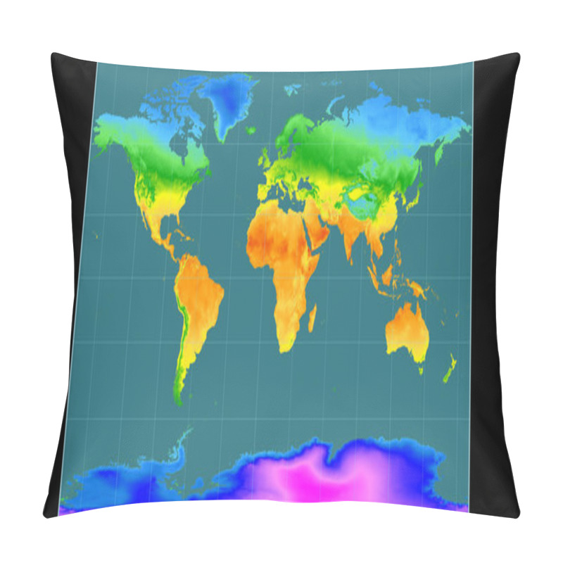 Personality  World Map In The Braun Stereographic Projection Centered On 11 East Longitude. Mean Annual Temperature Map - Raw Composite Of Raster With Graticule. 3D Illustration Pillow Covers