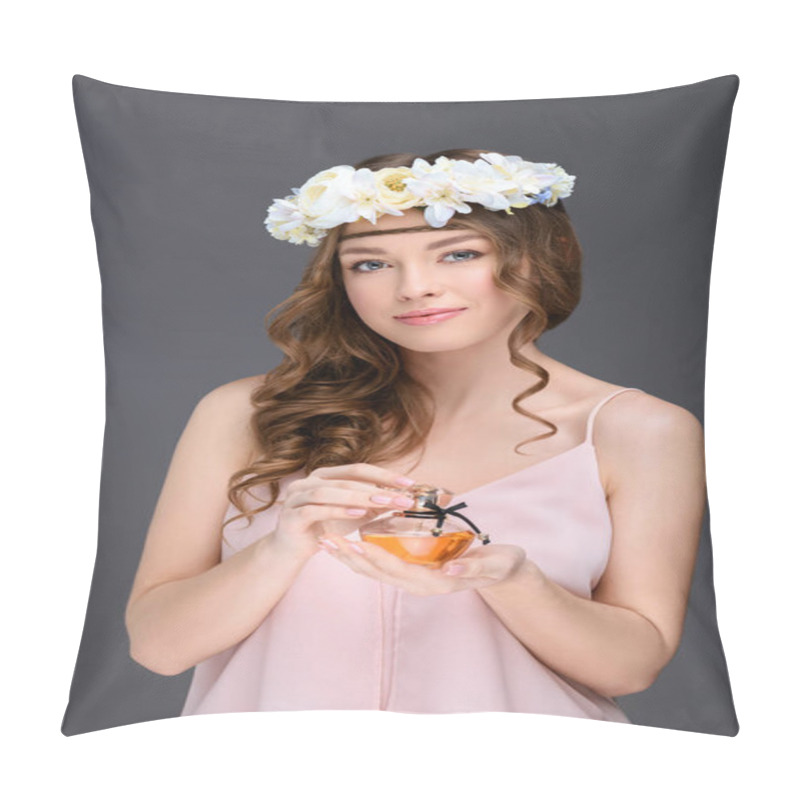 Personality  Smiling Woman With Curly Hair Holding Bottle Of Perfume Isolated On Grey Pillow Covers