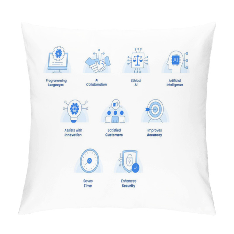 Personality  AI And Machine Learning Icons Set. Includes Ethical AI, Collaboration, Programming, And Benefits Like Accuracy, Security, And Innovation For Modern Technology Projects Pillow Covers