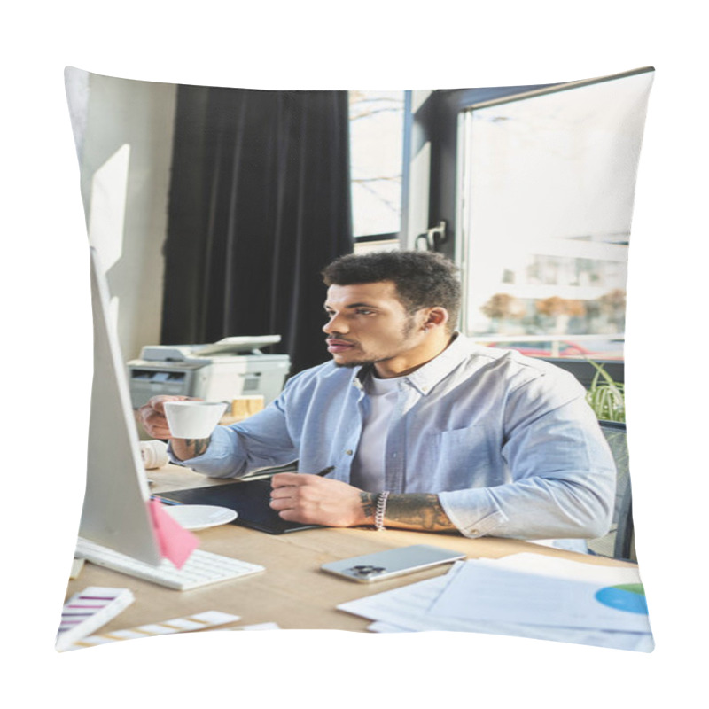 Personality  A Handsome Man Enjoys Coffee While Concentrating On His Work In A Bright Office Setting. Pillow Covers