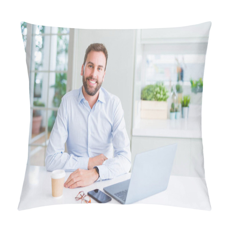 Personality  Handsome Business Man Working Using Computer Laptop And Smiling Pillow Covers