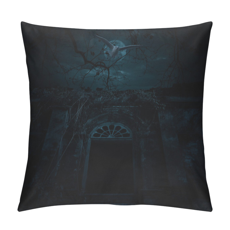 Personality  Bird Fly Over Old Ancient Castle With Dead Tree, Moon And Cloudy Pillow Covers