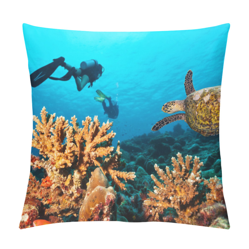 Personality  Scuba Divers Explore A Coral Reef Pillow Covers