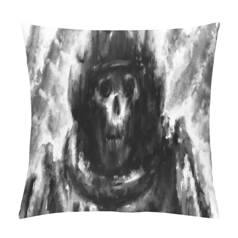 Personality  The Remains Of A Cosmonaut In Broken Spacesuit After Disaster. Black And White Illustration In Horror And Fiction Genre With Coal And Noise Effect. Pillow Covers