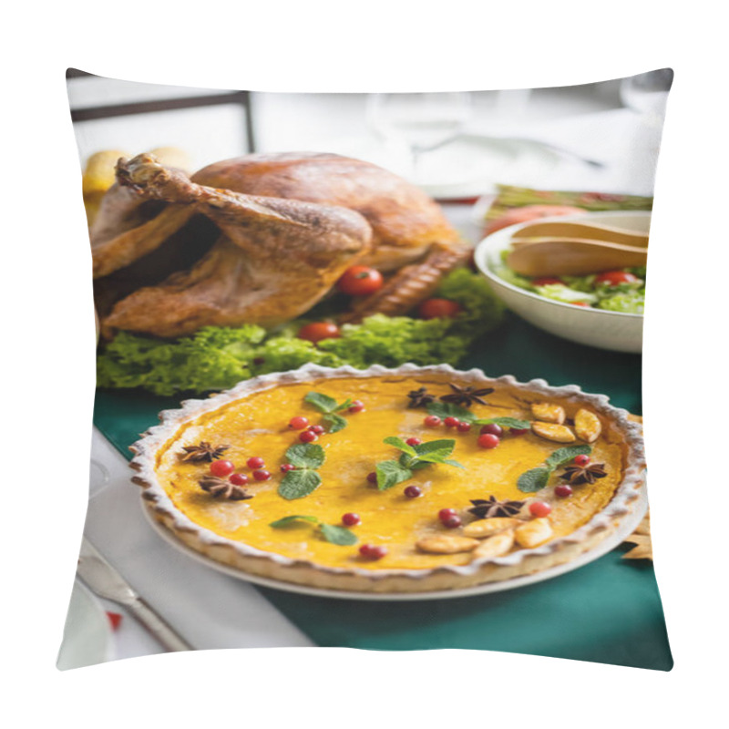 Personality  Traditional Pumpkin Pie With Cranberries Near Roasted Turkey And Fresh Vegetable Salad Served For Thanksgiving Dinner Pillow Covers