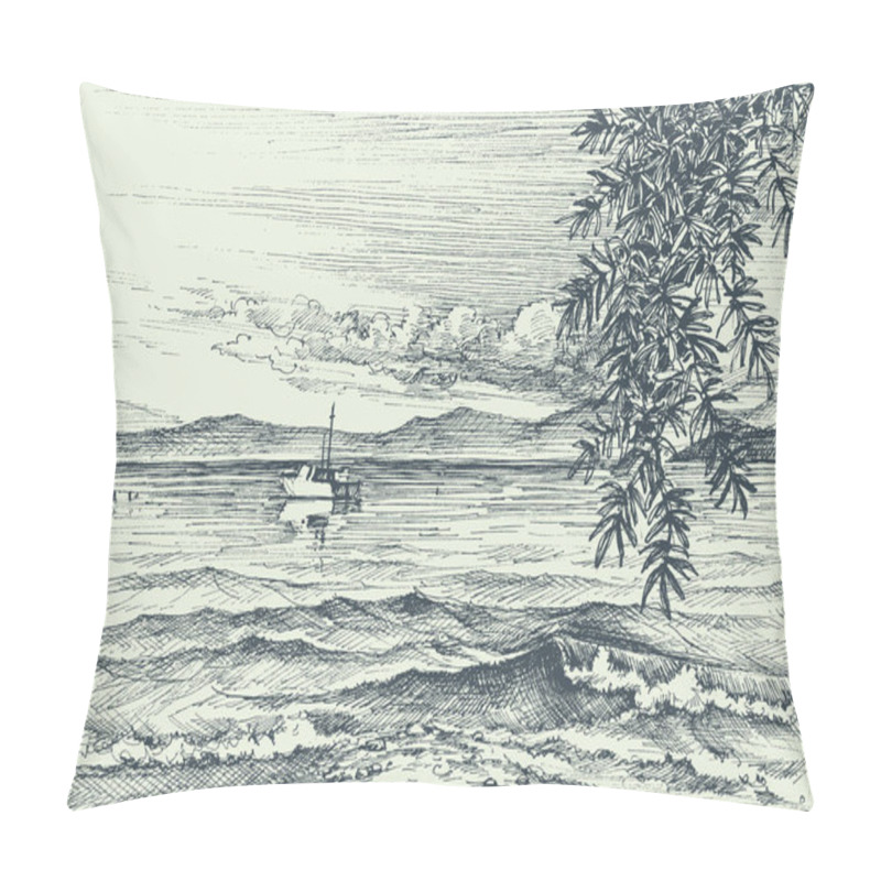 Personality  Calm Sea View Etching, An Olive Tree On Shore Pillow Covers