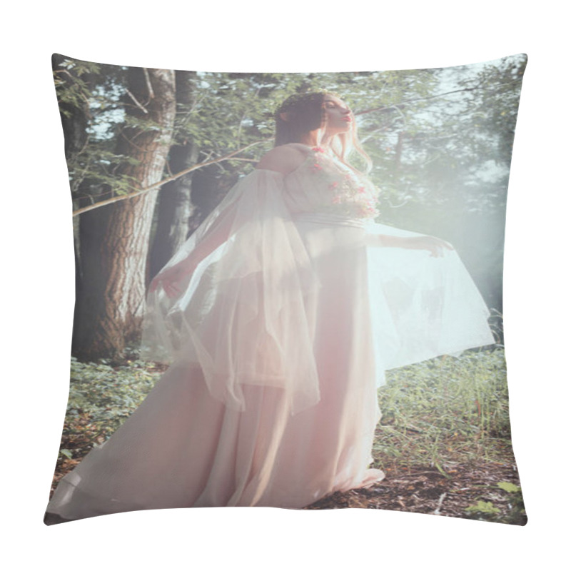 Personality  Attractive Mystic Girl In Elegant Dress Posing In Forest With Sun Flare Pillow Covers