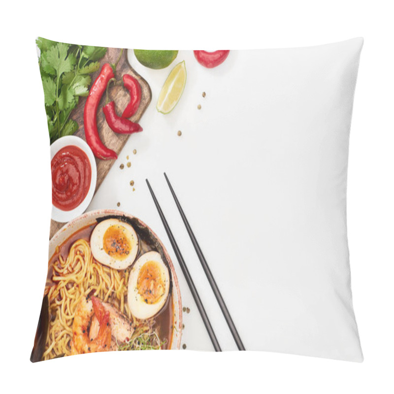 Personality  Top View Of Spicy Seafood Ramen Near Fresh Ingredients And Chopsticks On White Surface Pillow Covers