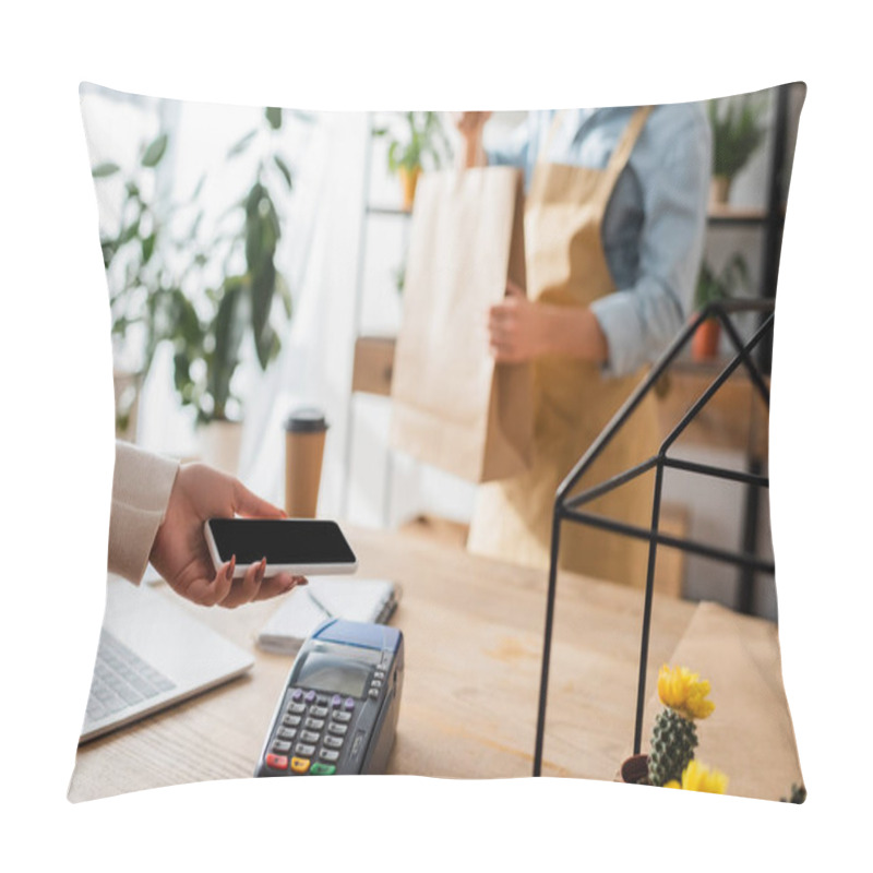 Personality  Cropped View Of Customer Paying With Smartphone Near Blurred Florist With Shopping Bag In Flower Shop  Pillow Covers