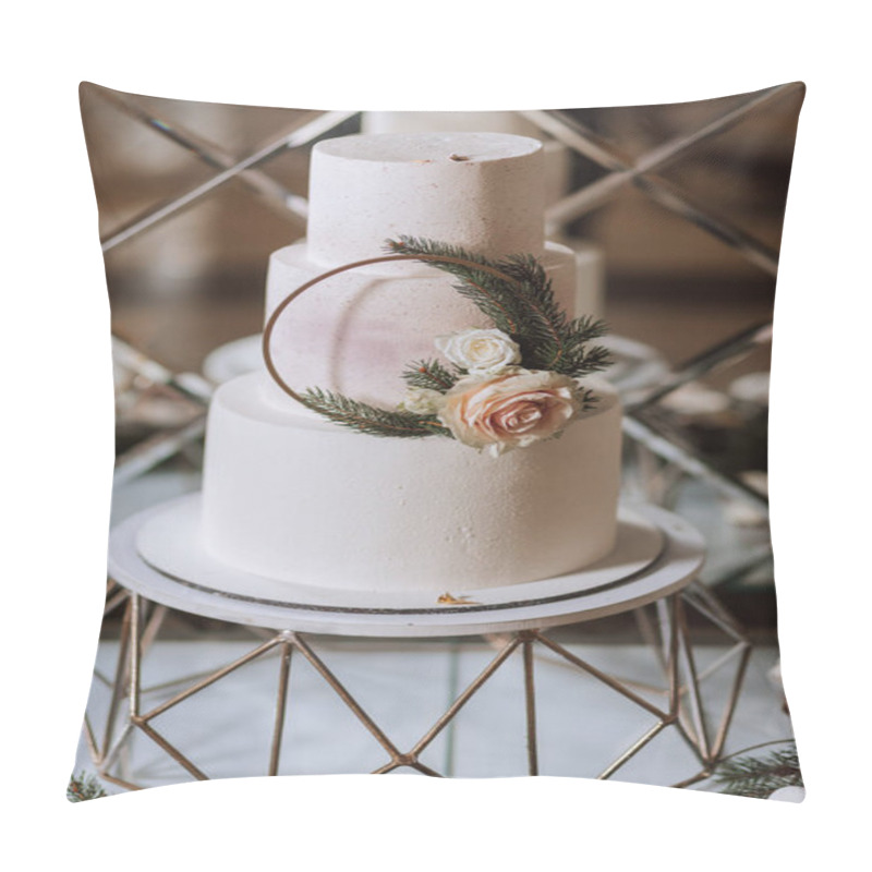 Personality  White Royal Wedding Cake Decorated With Flowers On A Golden Stand. Royal Wedding, Sweets Pillow Covers