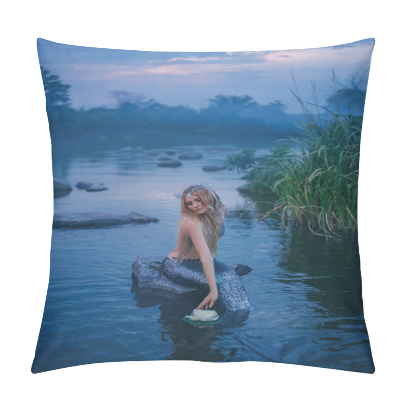 Personality  Sea Mistress And Queen By The Ocean Playing With A White Lotus Flower In A Small Clear Lake By The Forest, A Beautiful Fairy Creature Sitting On A Stone In A River In A Light Mist, Enjoying The Rest Pillow Covers