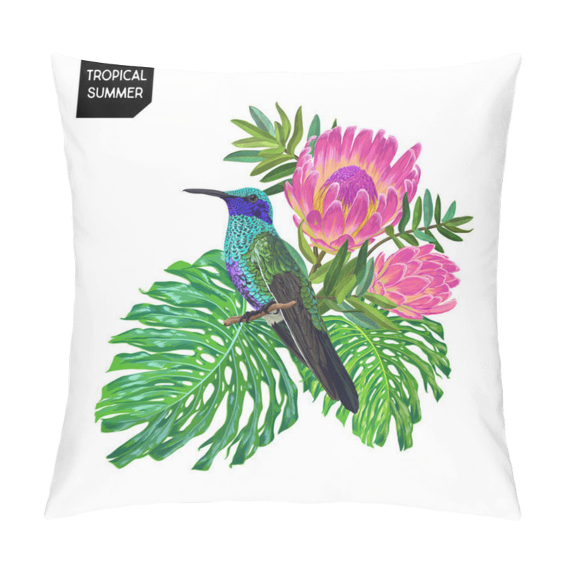 Personality  Summer Tropical Design With Hummingbird And Exotic Flowers. Floral Background With Tropic Bird, Protea And Monstera Palm Leaves. Vector Illustration Pillow Covers