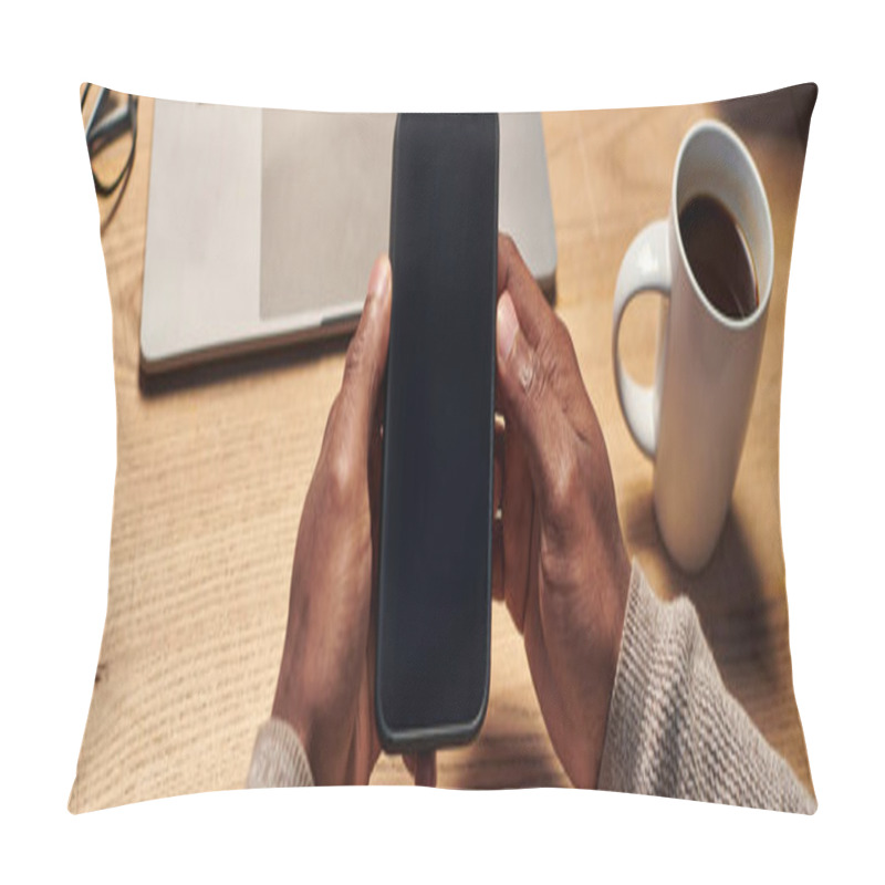 Personality  Cropped View Of African American Man Holding Smartphone With Blank Screen Near Laptop, Banner Pillow Covers