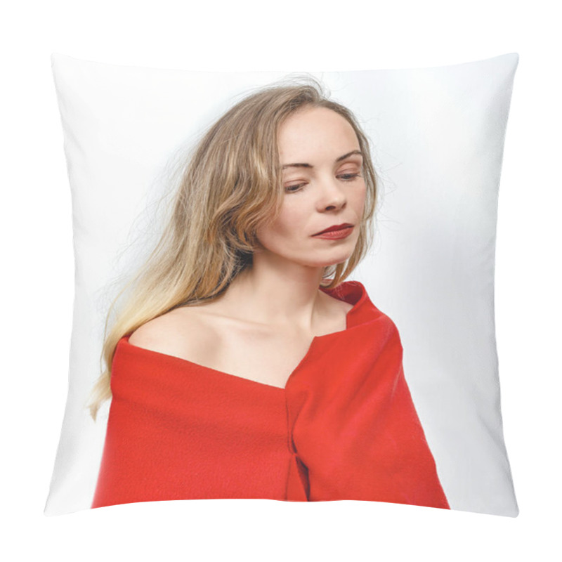 Personality  Charming Blonde Woman In Red Scarf, On White Background. Bare Shoulder, Red Lipstick. Looking Down Pillow Covers