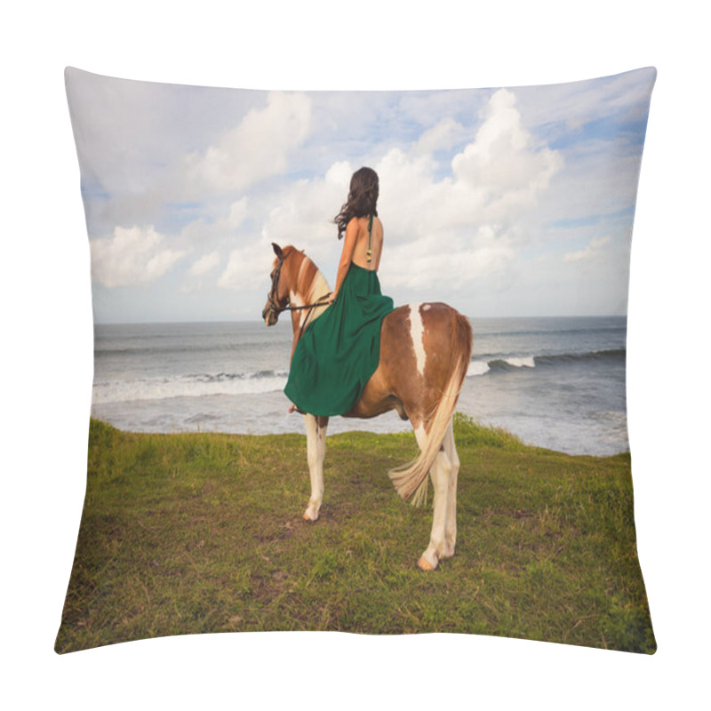 Personality  Woman Riding Horse Near The Ocean. Outdoor Activities. Asia Woman Wearing Long Green Dress. Traveling Concept. Cloudy Sky. View From Back. Copy Space. Bali, Indonesia Pillow Covers