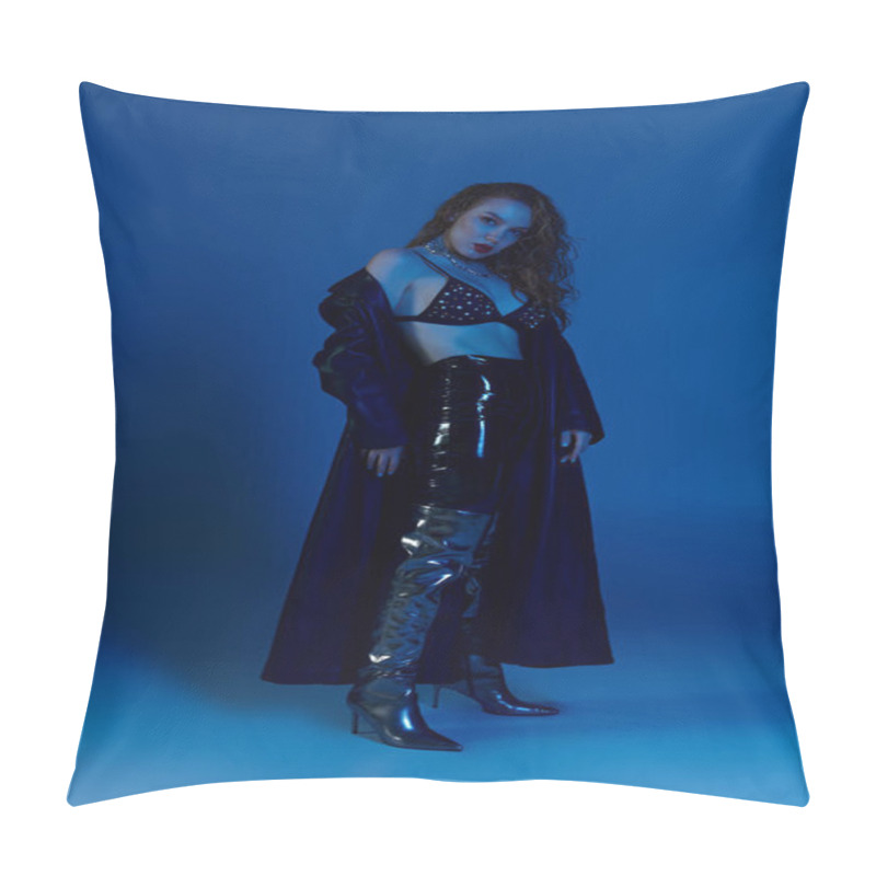 Personality  A Confident Woman Poses In Eye Catching Attire Against A Vivid Blue Backdrop. Pillow Covers