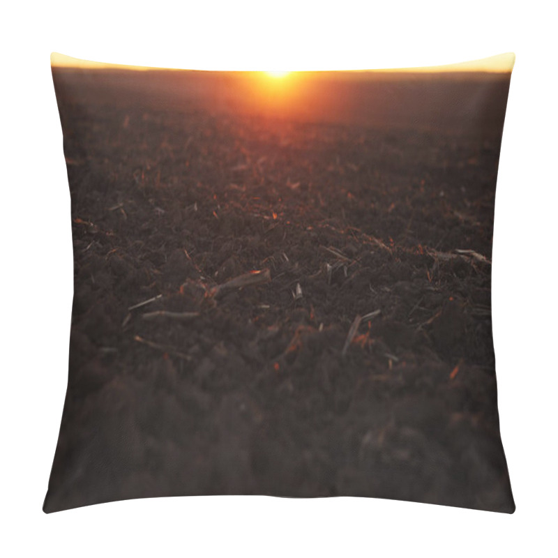 Personality  Agriculture And Agribusiness Concept. Beautiful Rural Landscape View Of Large Plowed Agricultural Field Of Black Soil On Orange Sunset. Preparation Farmland For Sowing Crops And Planting Vegetables Pillow Covers