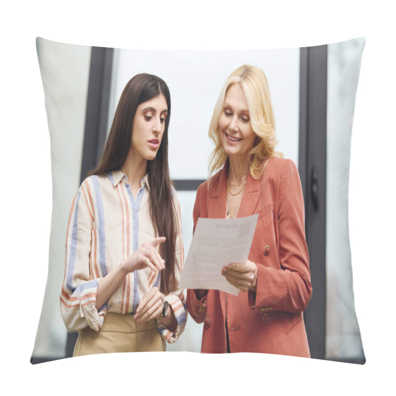 Personality  Two Women Engaged In A Conversation In A Busy Office Setting. Pillow Covers