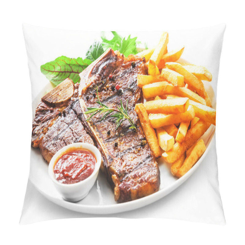 Personality  Tender Grilled Porterhouse Or T-bone Steak Served With Crisp Golden French Fries And Fresh Green Herb Salad Accompanied By A BBQ Or Tomato Ketchup Sauce Pillow Covers