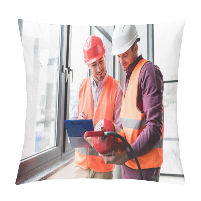 Personality  Cheerful Firemen In Helmets Standing And Looking At Red Extinguisher Pillow Covers