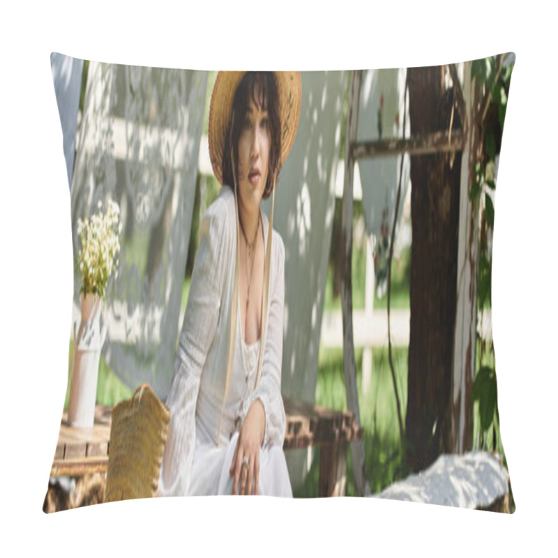 Personality  A Young Woman In A White Dress And Straw Hat Sits In A Summer Garden, Enjoying The Sunshine And Nature. Pillow Covers