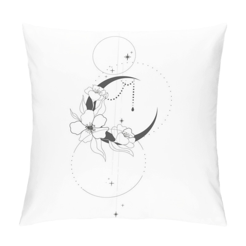 Personality  Elegant Thin Line Moon Flower Contour Tattoo, Floral Spiritual Mystic Element, Esoteric Boho Magic Illustration, Line, Leaves And Dors Decoration. Vector Illustration Pillow Covers