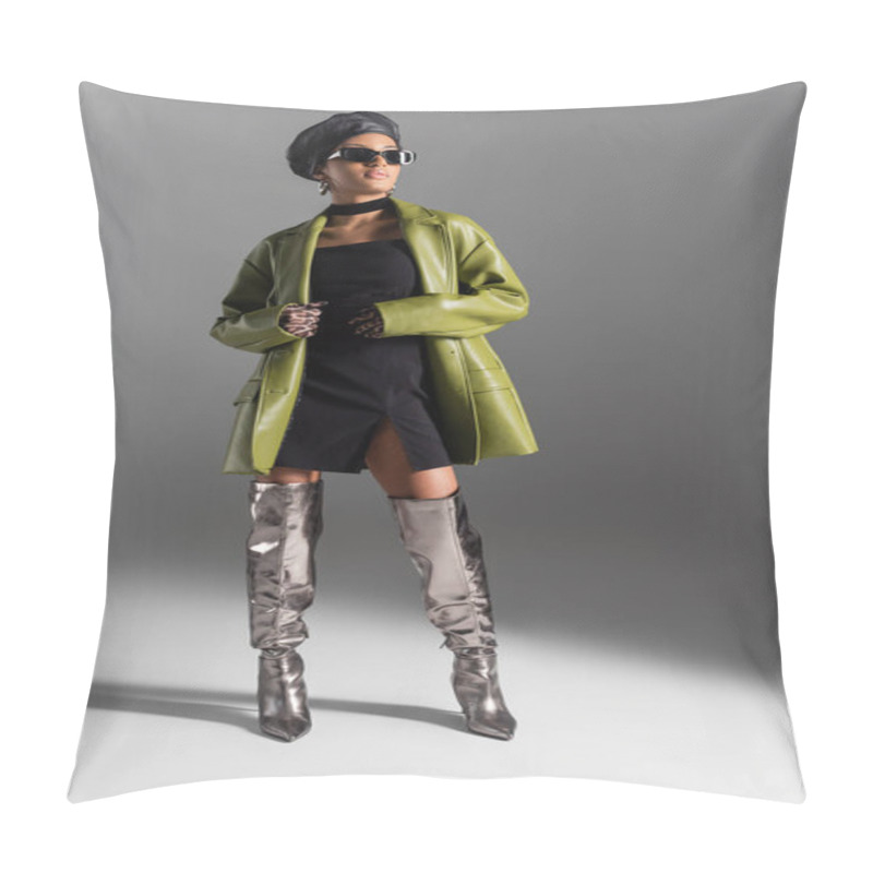 Personality  Full Length Of Fashionable African American Model In Leather Coat And Sunglasses On Grey Background Pillow Covers