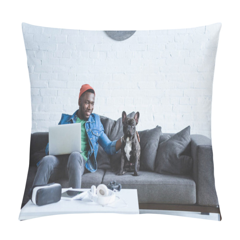 Personality  African American Man Working On Laptop And Hugging French Bulldog By Table With Modern Gadgets Pillow Covers