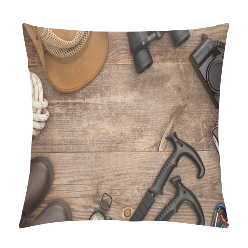 Personality  Top View Of Hiking Equipment, Boots, Hat And Photo Camera On Wooden Surface Pillow Covers