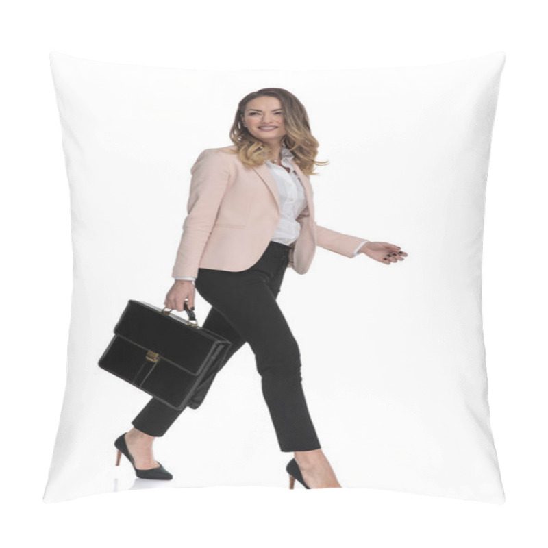 Personality  Sexy Businesswoman Holding Briefcase Walks And Looks To Side On White Background, Full Length Picture Pillow Covers