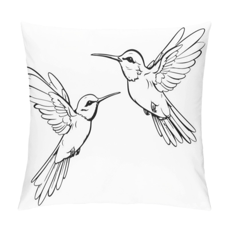 Personality  Hand Drawn Humming Birds Isolated On White. Monochrome Flying Hummingbirds Set. Front And Side View Colibri Flight. Vector Sketch. Pillow Covers