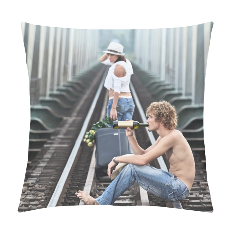 Personality  Young Woman Leaving Men On A Train Tracks Pillow Covers