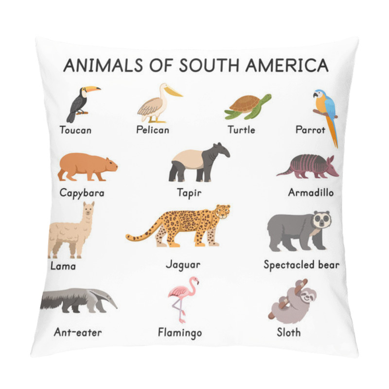 Personality   South Of American Animals: Toucan, Pelican, Turtle, Parrot, Capybara, Tapir, Llama, Jaguar, Spectacled Bear, Flamingo, Sloth, Armadillo, Ant-eater On A White Background.Flat Cartoon Illustration. Pillow Covers