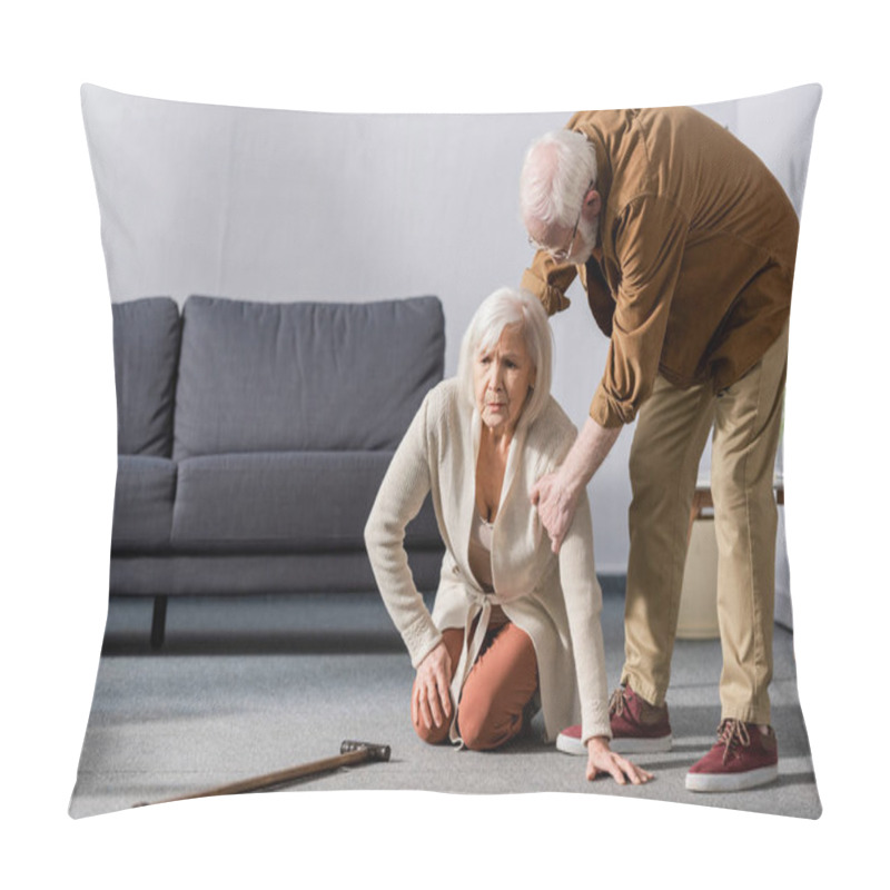 Personality  Senior Man Helping Wife Sitting On Floor Near Walking Stick Pillow Covers