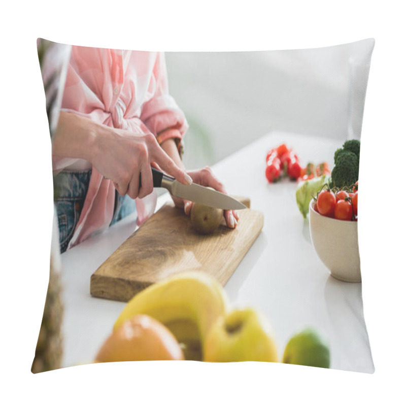 Personality  Cropped View Of Woman Cutting Kiwi Fruit Near Ingredients In Kitchen Pillow Covers